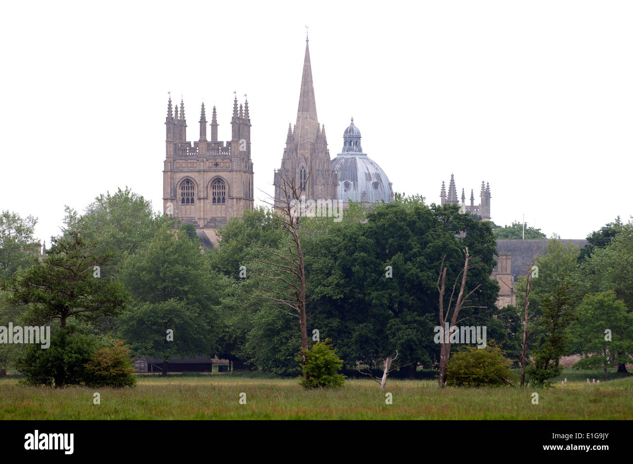 Merton College Chapel, St. Mary`s Church and Radcliffe Camera seen across Christ Church Meadow, Oxford, Oxfordshire, England, UK Stock Photo